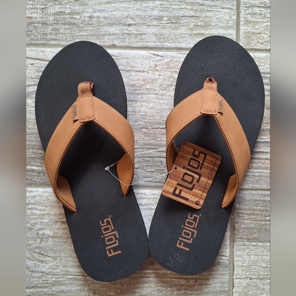 Flojos Tan and Black Flip Flops